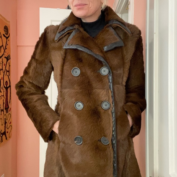 Derek Lam Brown Double-Breasted Women's Fur and Leather Car Coat sz 4 - Picture 5 of 15